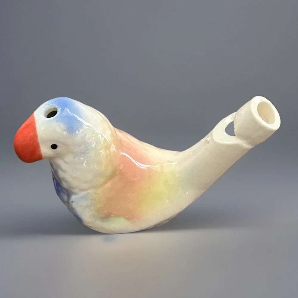 Whistle Ceramic Parrot Bird Whistle Blue Orange White Figurine MCM Style 2